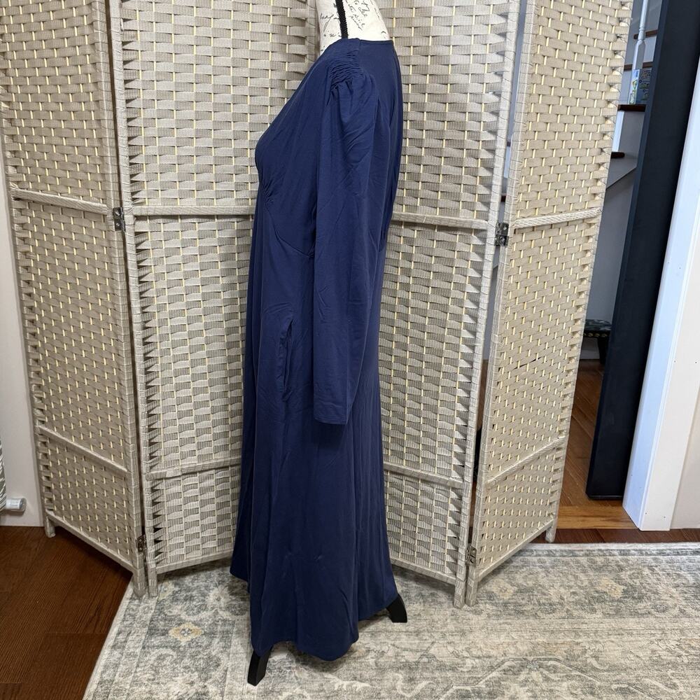 Quince V-neck Long Sleeve Midi Dress Size L Navy Soft Tensel Knit Pockets NEW - Picture 2 of 10